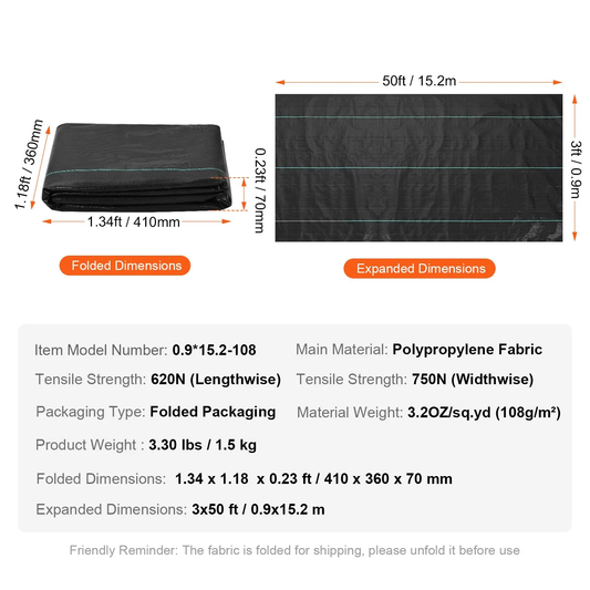 VEVOR Weed Barrier Landscape Fabric 3*50FT Heavy Duty Woven PP Weed Control Mat,-$15