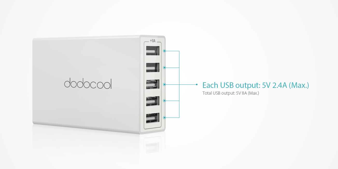 BNIB- 65W 5-Port USB Charging Station,Each USB output is up to 5V 2.4A. Total USB output is up to 5V 8A