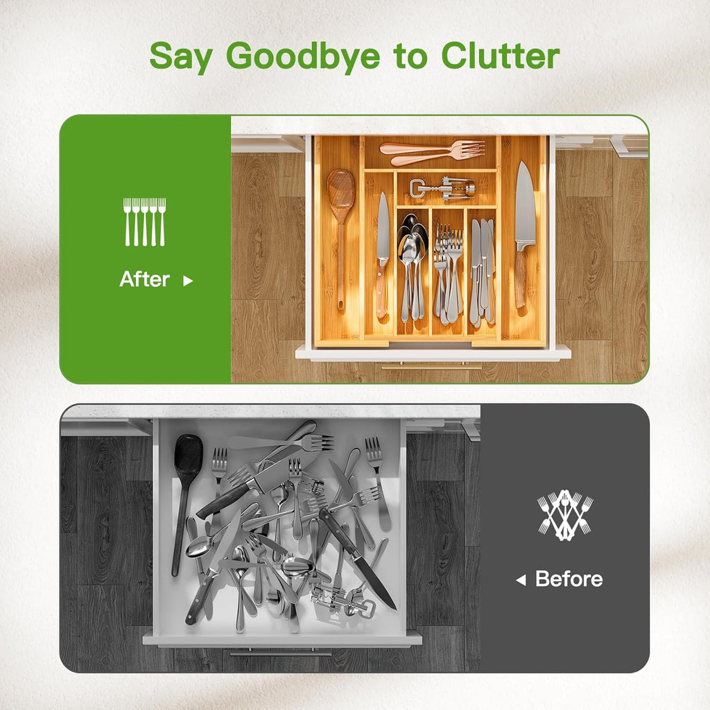BNIB-Bamboo Expandable Drawer Organizer for Utensils Holder, Adjustable Cutlery Tray, (Yellow)-$20