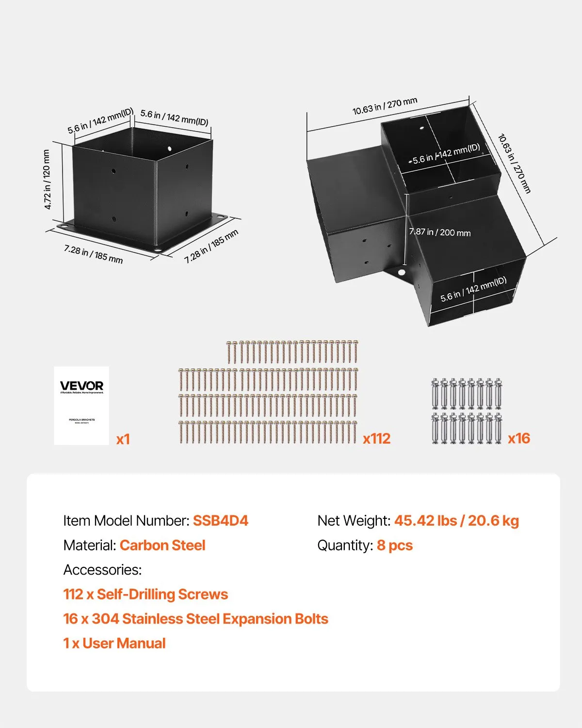 VEVOR Pergola Bracket Kit 6''x6''(Inner Size 5.6x5.6), 8pcs 3-Way Heavy Duty Corner Bracket Woodworks,-$130