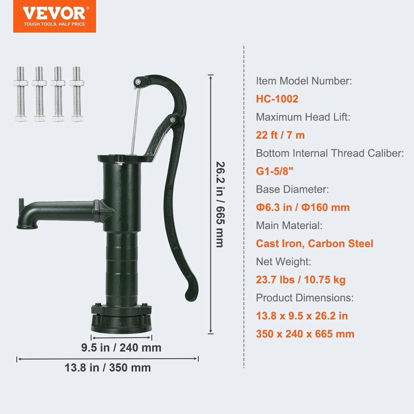 VEVOR Antique Well Hand Pitcher Pump, 22 ft Maximum Lift, Cast Iron Manual Hand Water Pump,-$65