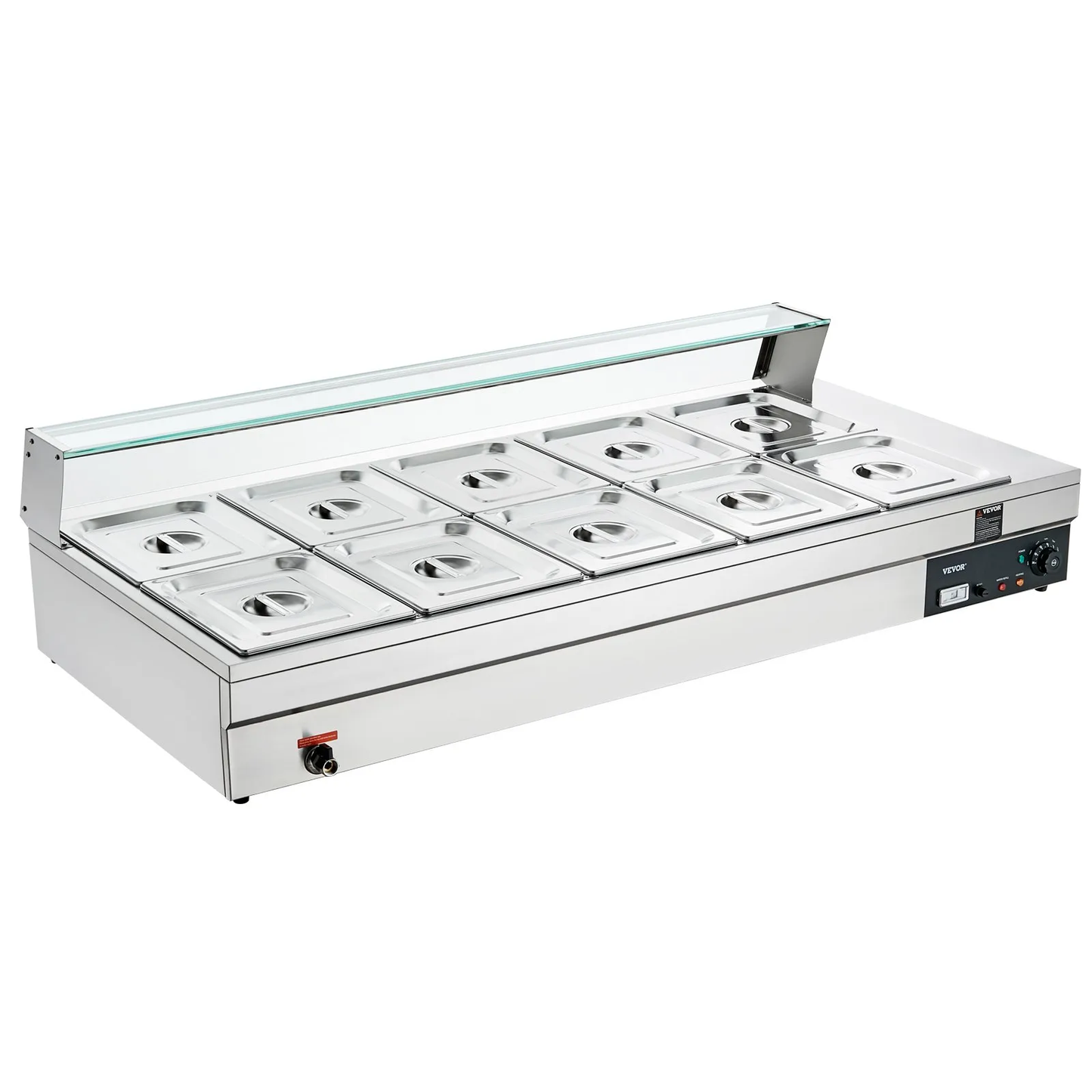 VEVOR 10-Pan Commercial Food Warmer, 10 x 12QT Electric Steam Table with Tempered Glass Cover
