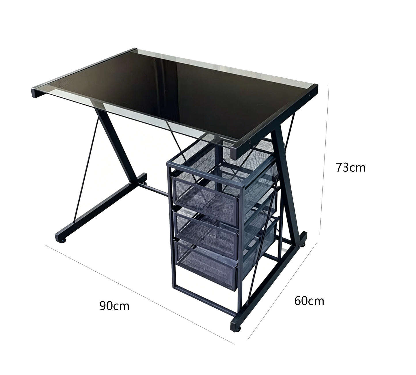 Brand New (Demo) Black Glass Top Desk with 3-Tier Mesh Drawer Unit,-$100