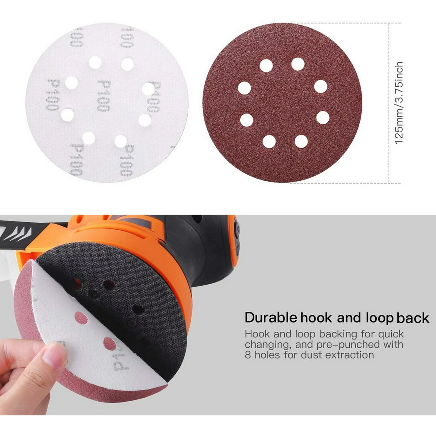 Brand New 100pcs Hook and Loop Sandpaper for Random Orbital Sander, 5-inch 8-Hole Discs