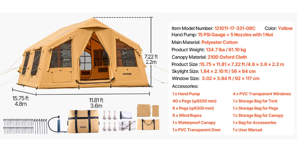 VEVOR Inflatable Tents for Camping, 8-12 Person Easy Setup Blow up Tent with Hand Pump, with 2 Skylights