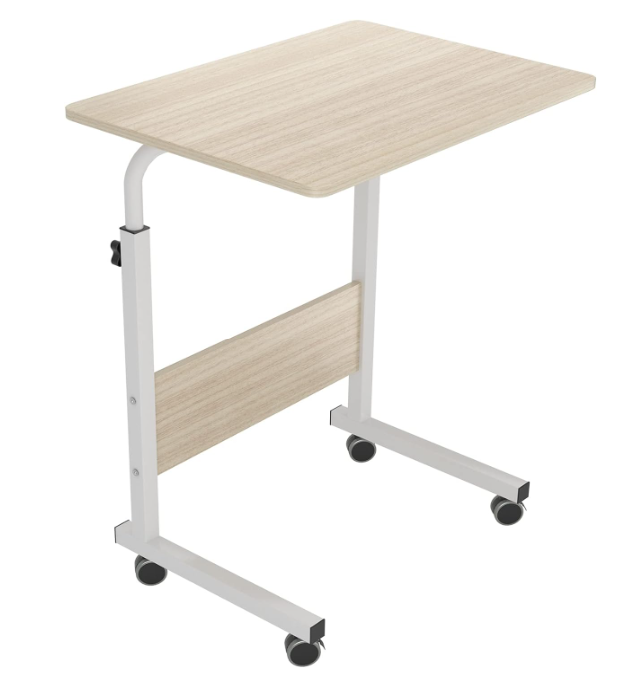 BNIB-Movable Side Table/Laptop Desk for Bed/Sofa, w/Adjustable Height & Lockable Wheels-White Maple