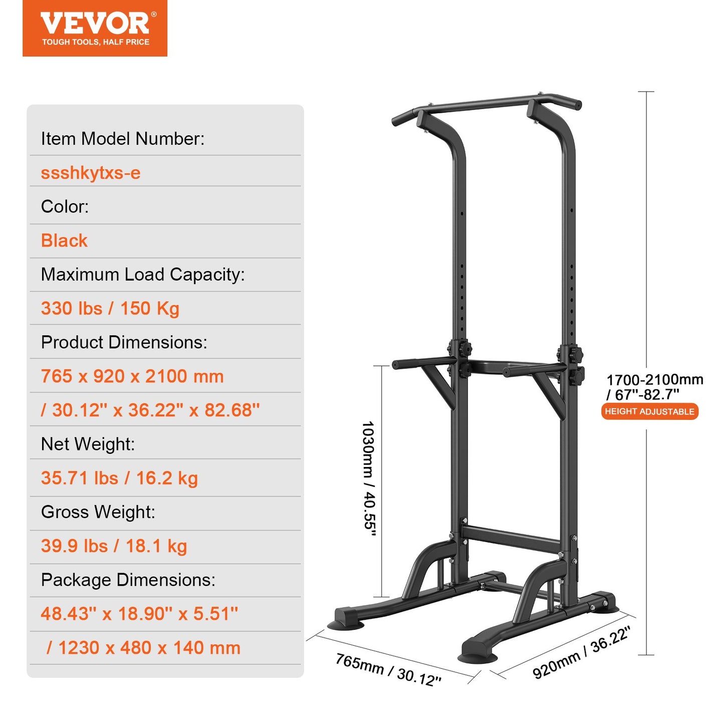 VEVOR Power Tower Dip Station, 10-Level Height Adjustable Pull Up Bar Stand, Multi-Function Strength Training,
