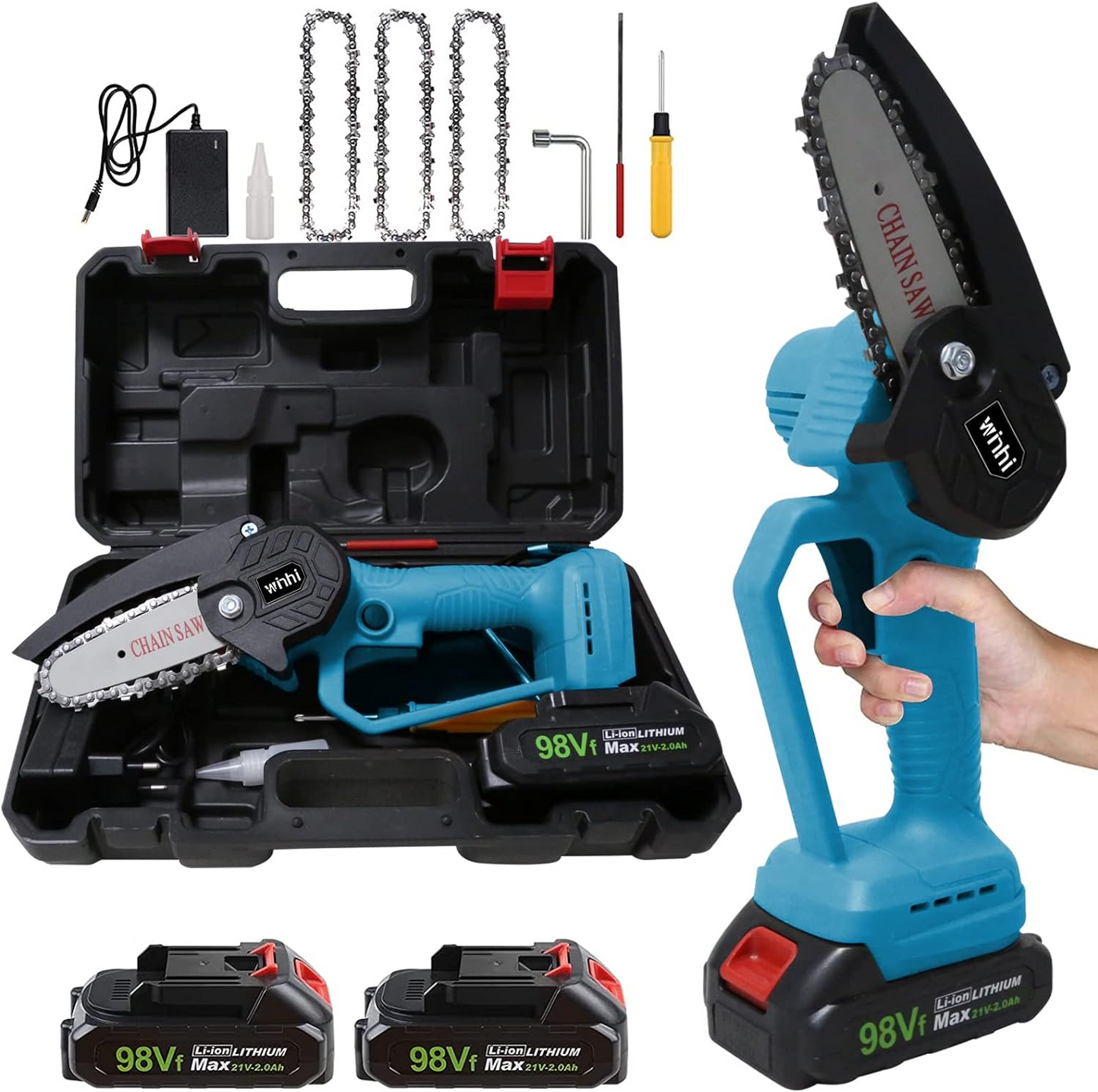 Brand New Mini Chainsaw, WINHI 4-Inch 21V Cordless Chainsaw with 2 Batteries , Blue&Black -$60