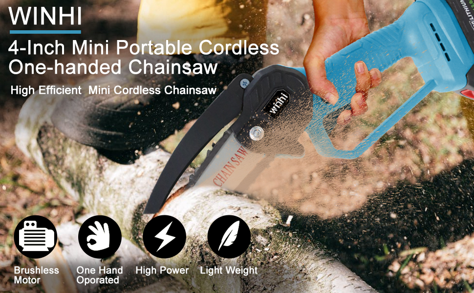 Brand New Mini Chainsaw, WINHI 4-Inch 21V Cordless Chainsaw with 2 Batteries , Blue&Black -$60