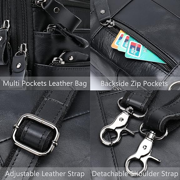 Brand New Leather Crossbody Bag with 6 Zipper Pockets, Small Messenger Bags Travel Work Side Bag