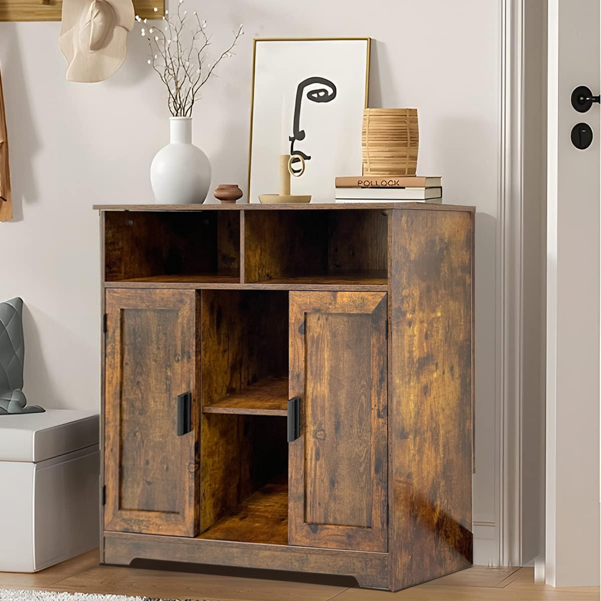 BNIB-Storage Cabinet w/2 Door, 4 -compartment, Adjustable Shelf, F/Living Room,Bedroom,Kitchen,Bathroom