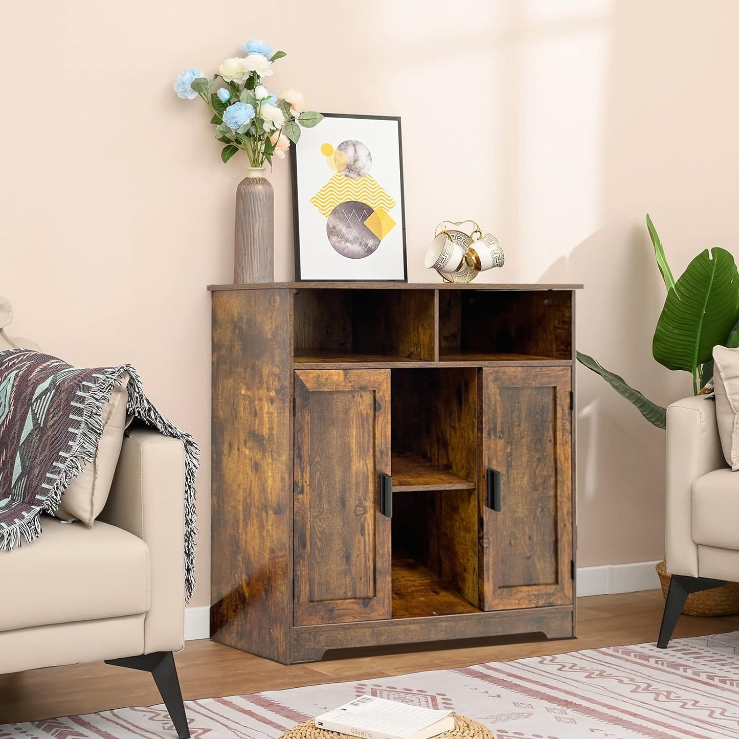 BNIB-Storage Cabinet w/2 Door, 4 -compartment, Adjustable Shelf, F/Living Room,Bedroom,Kitchen,Bathroom