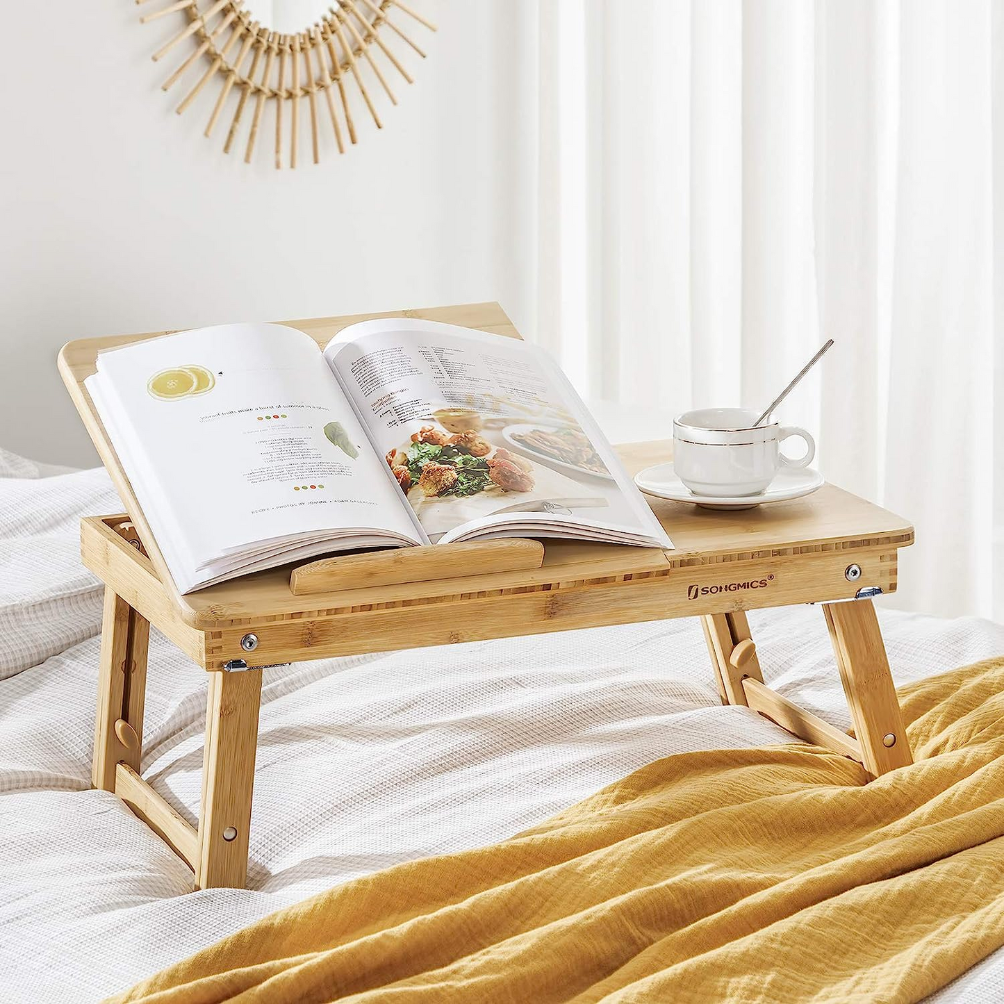 Brand New-Bamboo Laptop Desk, Serving Bed Tray, Breakfast Table Tilting Top with Drawer,-$40