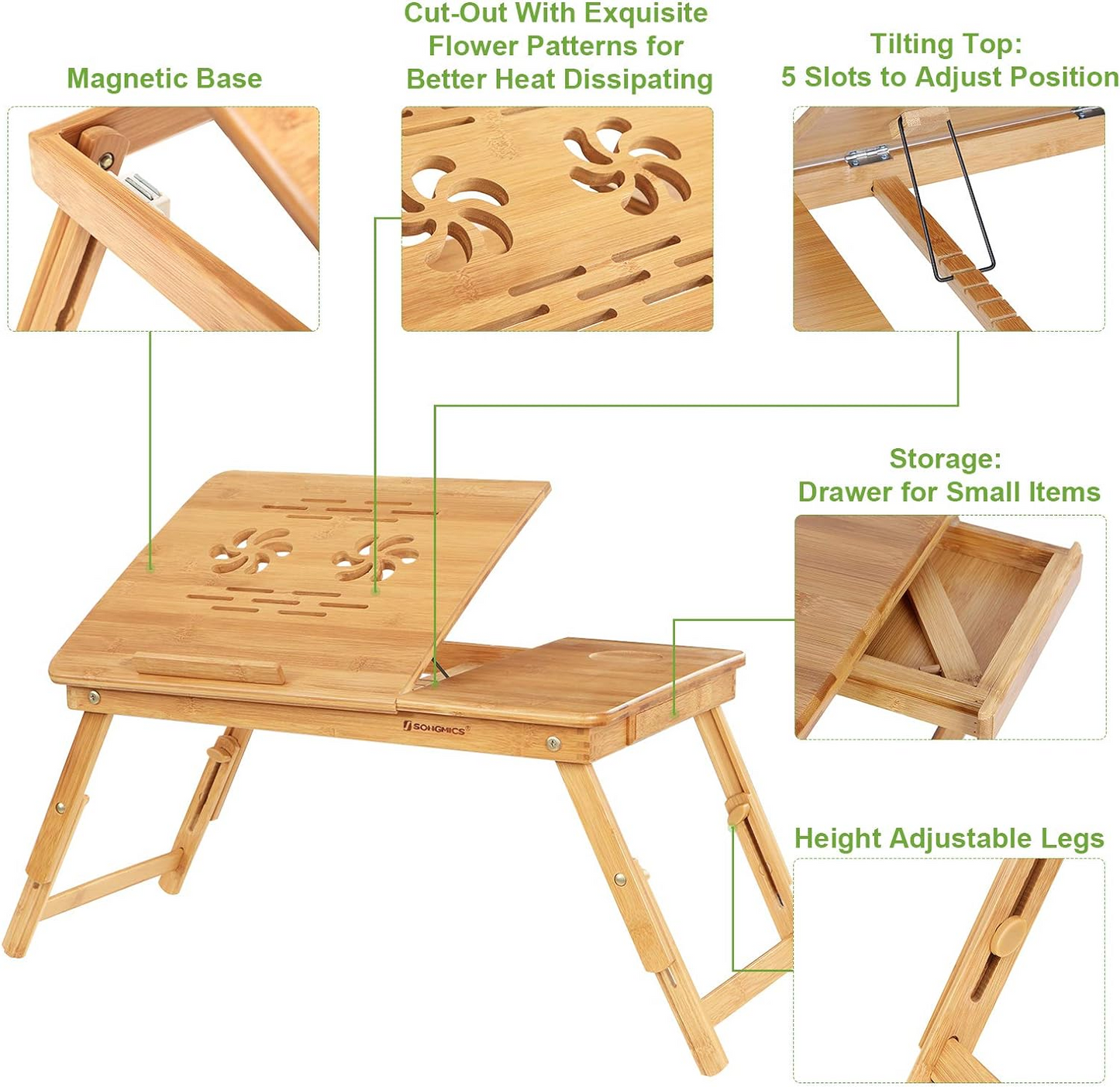 Brand New-Bamboo Laptop Desk, Serving Bed Tray, Breakfast Table Tilting Top with Drawer,-$40