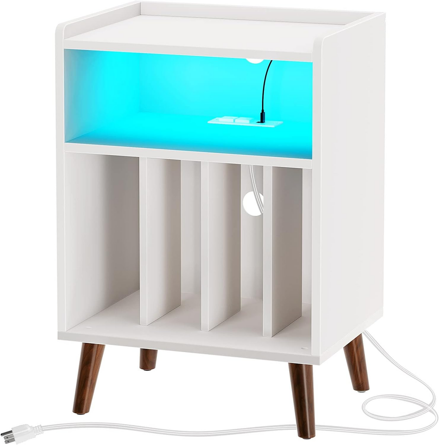 BNIB-End Table/Nightstand w/Charging Station & LED Lights,F/Living Room,Bedroom,Kitchen, White
