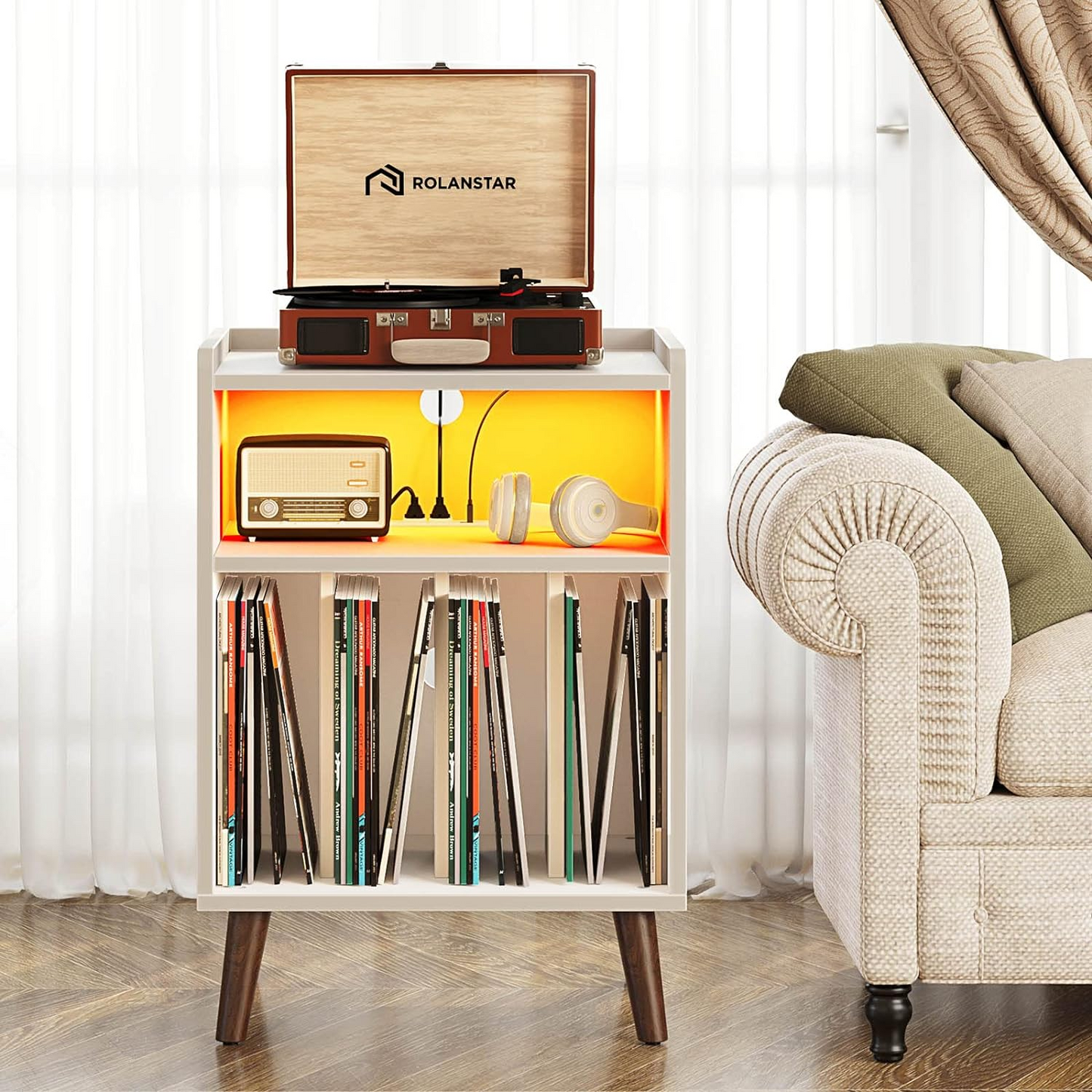 BNIB-End Table/Nightstand w/Charging Station & LED Lights,F/Living Room,Bedroom,Kitchen, White