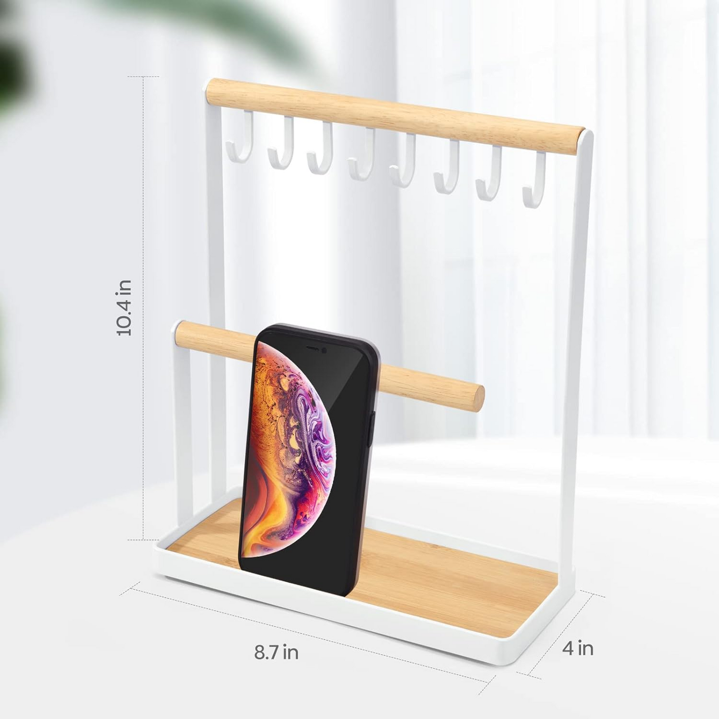 Brand New-Jewelry Organizer Display Stand w/Wooden Ring Tray & Hook Storage Rack,-S10
