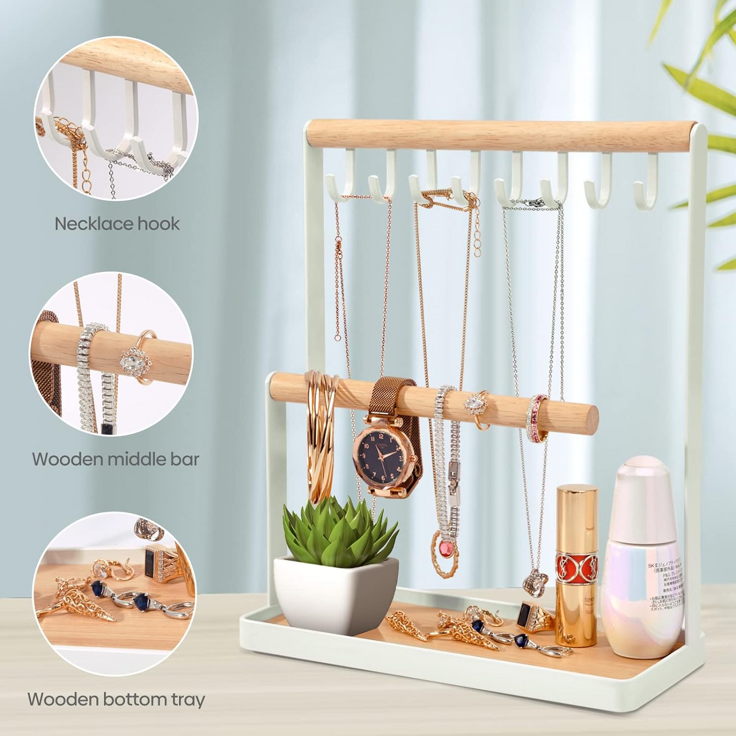 Brand New-Jewelry Organizer Display Stand w/Wooden Ring Tray & Hook Storage Rack,-S10
