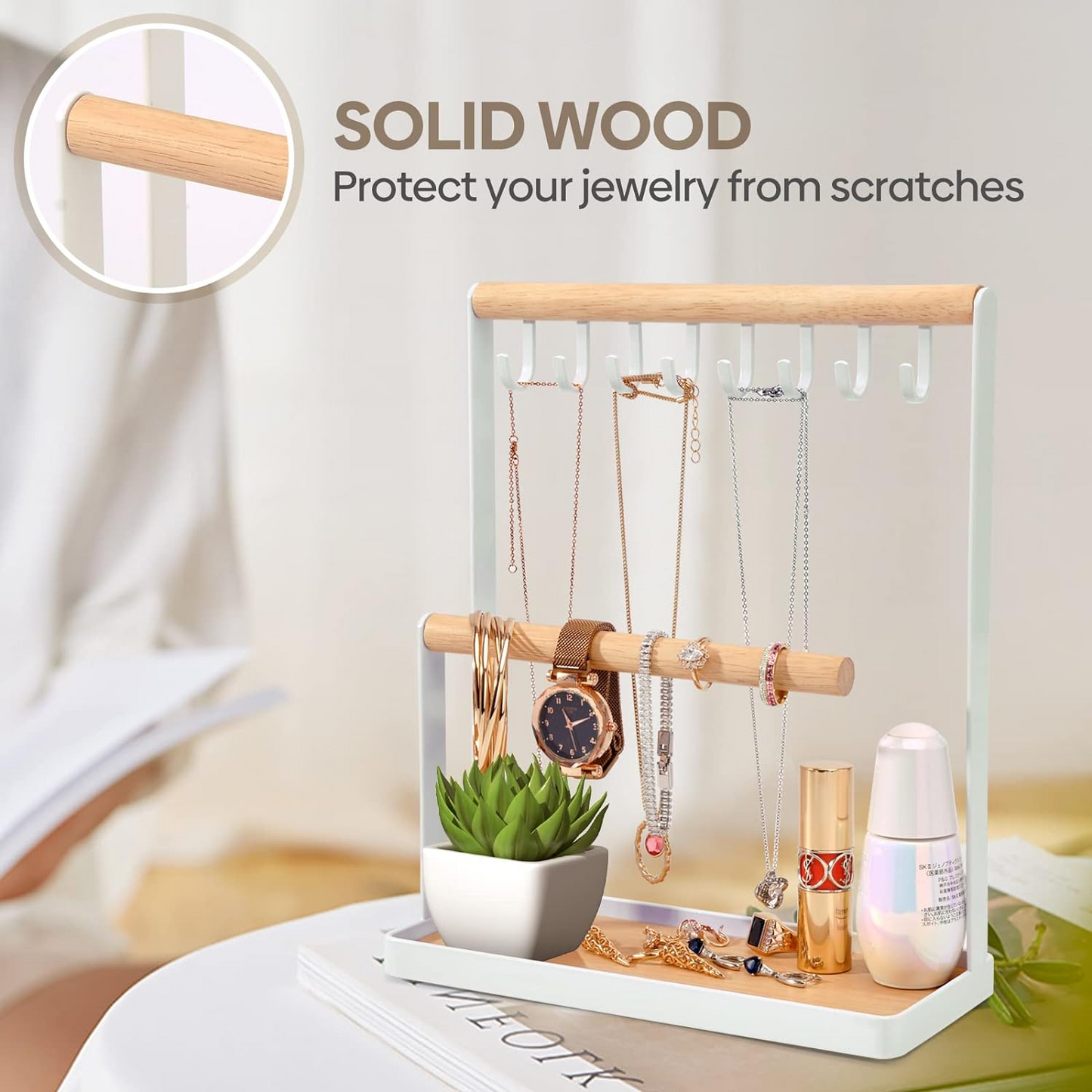 Brand New-Jewelry Organizer Display Stand w/Wooden Ring Tray & Hook Storage Rack,-S10