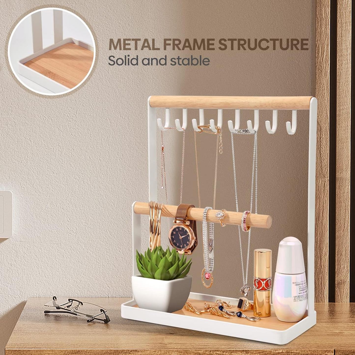 Brand New-Jewelry Organizer Display Stand w/Wooden Ring Tray & Hook Storage Rack,-S10