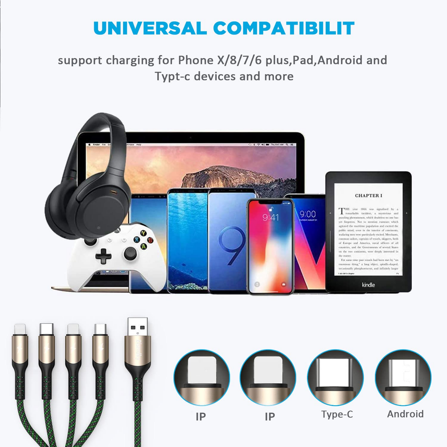 BNIB-Multi Charging Cable,4FT Nylon Braided Universal 4 in 1 Multiple USB Cable 3A Charging,-$10,(2 pack)