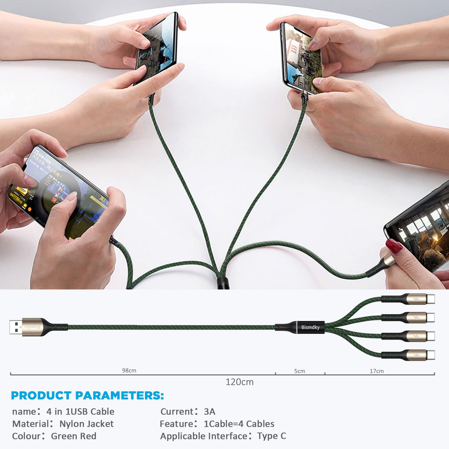 BNIB-Multi Charging Cable,4FT Nylon Braided Universal 4 in 1 Multiple USB Cable 3A Charging,-$10,(2 pack)