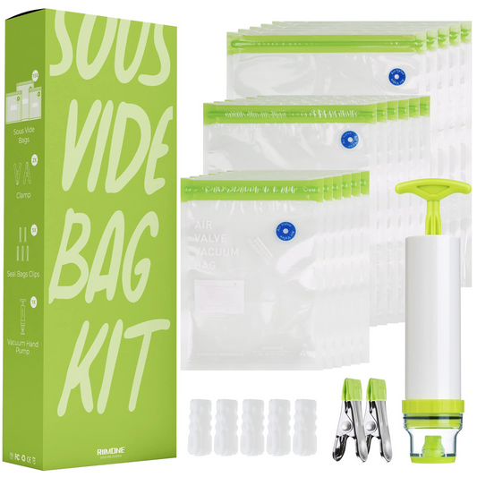 BNIB-Sous Vide Bags Kit, RIIMONE 23-pack Reusable Vacuum Food Storage Bags with 3 Sizes ,-$25
