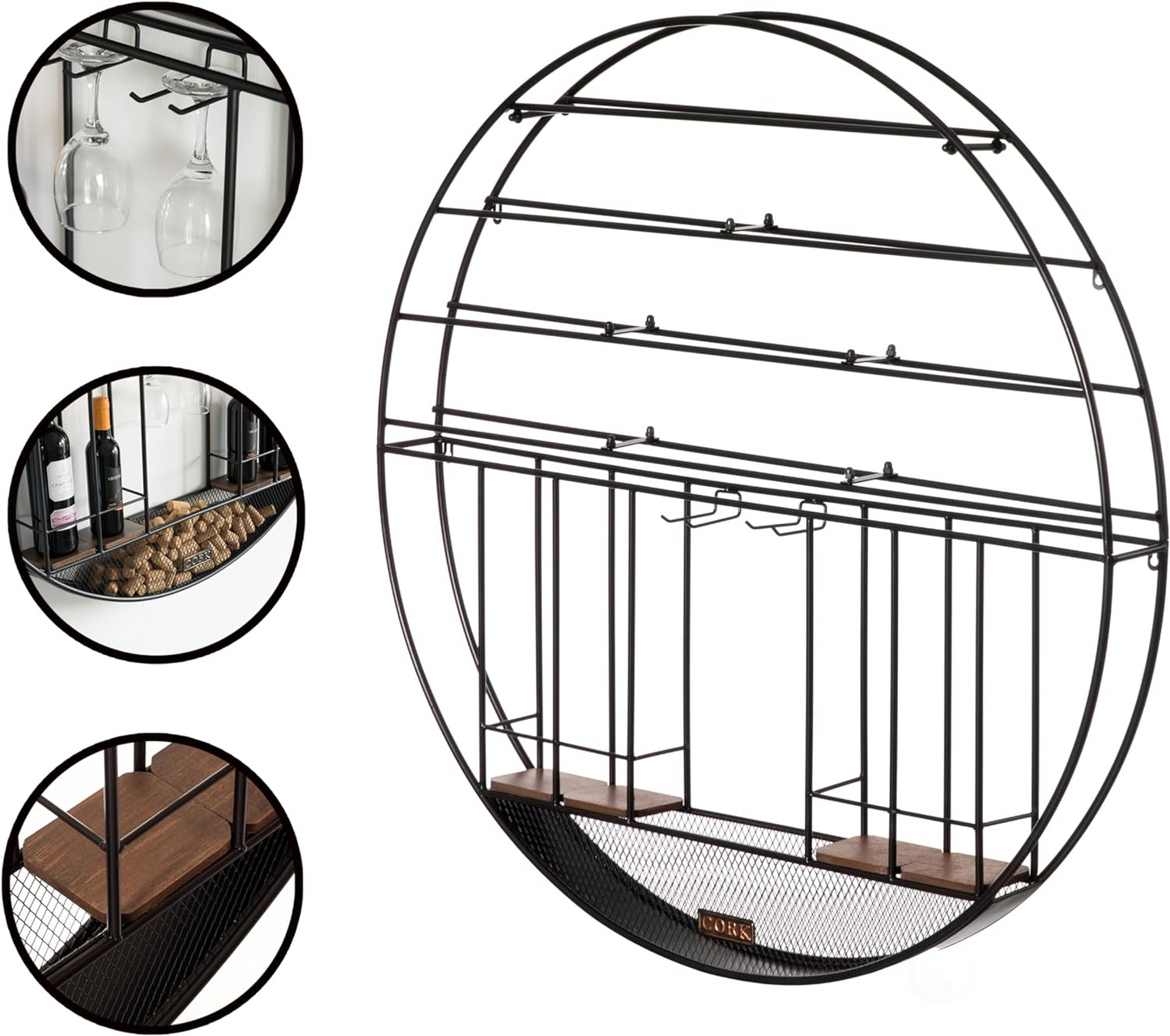 BNIB-Wall Mounted Round Metal Wine Rack w/Cork & Glass Holder,Modern Decoration, Black,
