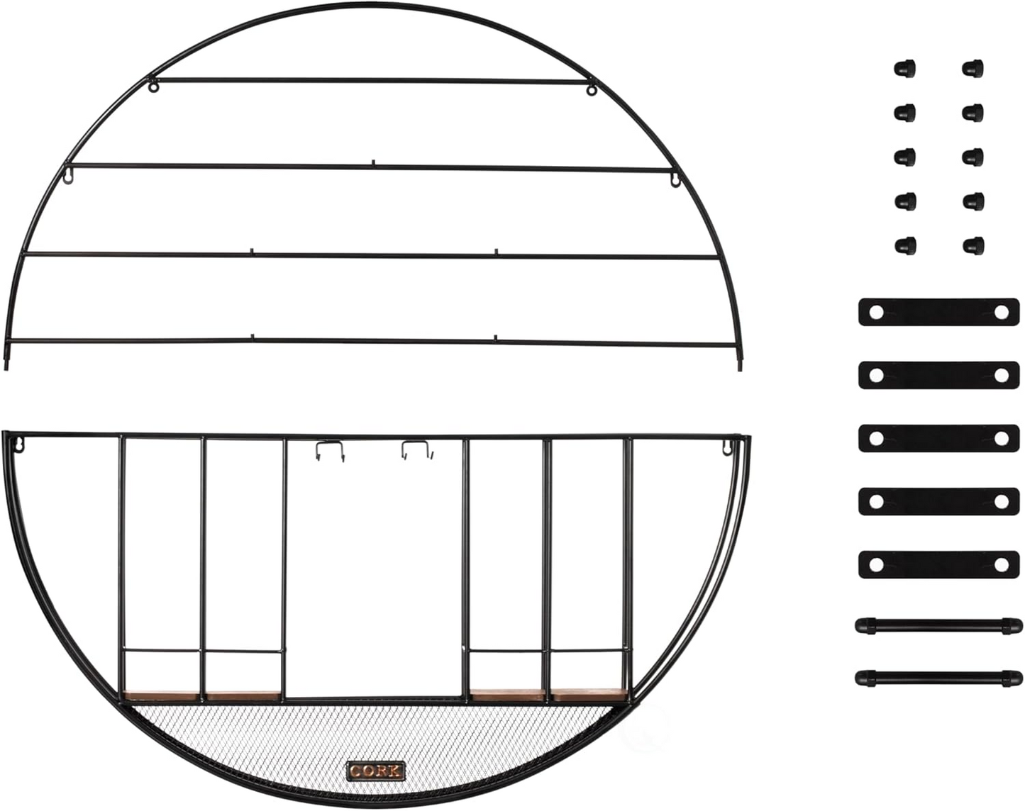 BNIB-Wall Mounted Round Metal Wine Rack w/Cork & Glass Holder,Modern Decoration, Black,