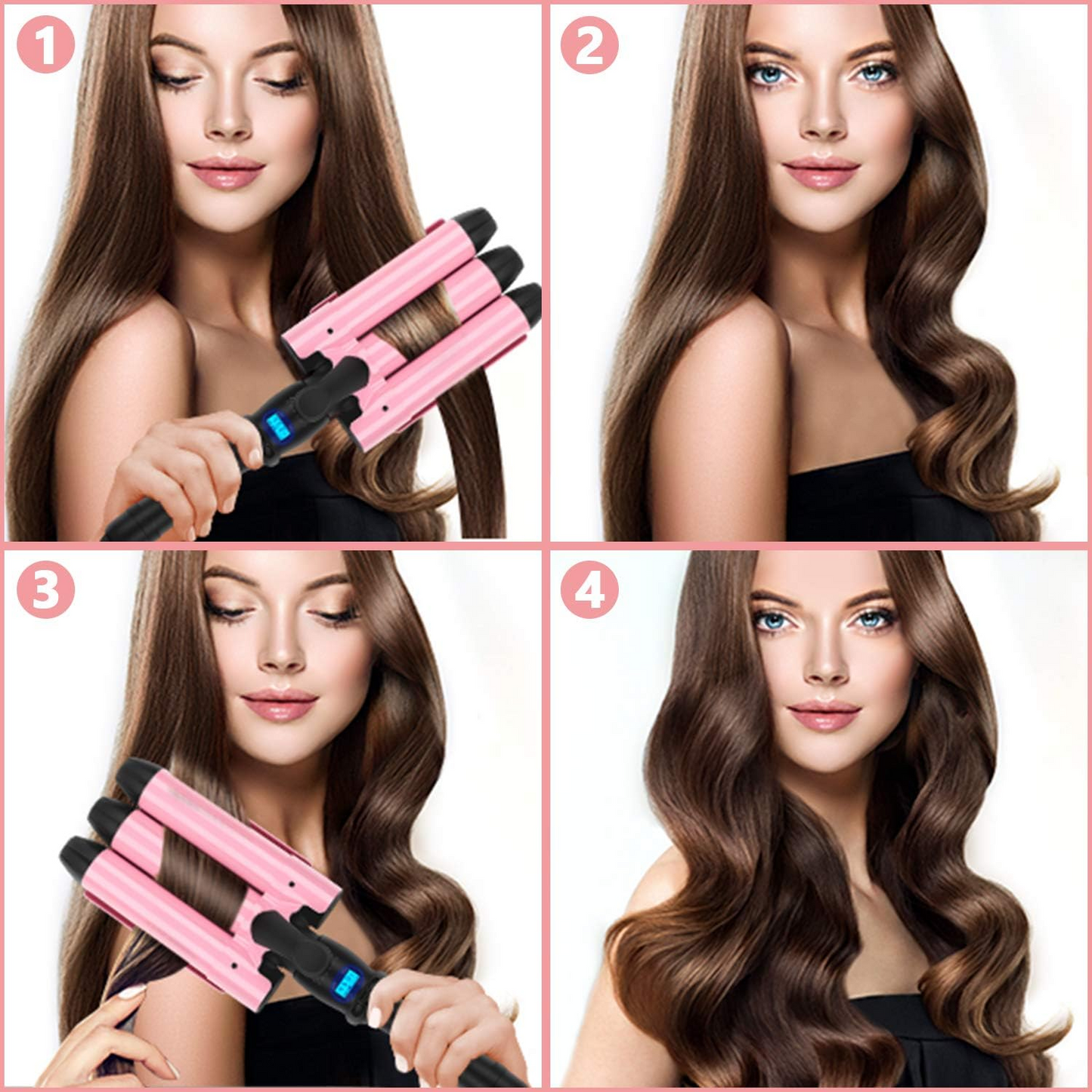 BNIB - 32mm (1.25") Triple Ceramic Curling Iron, 3 Barrel Wand with Adjustable Temperature, (Pink