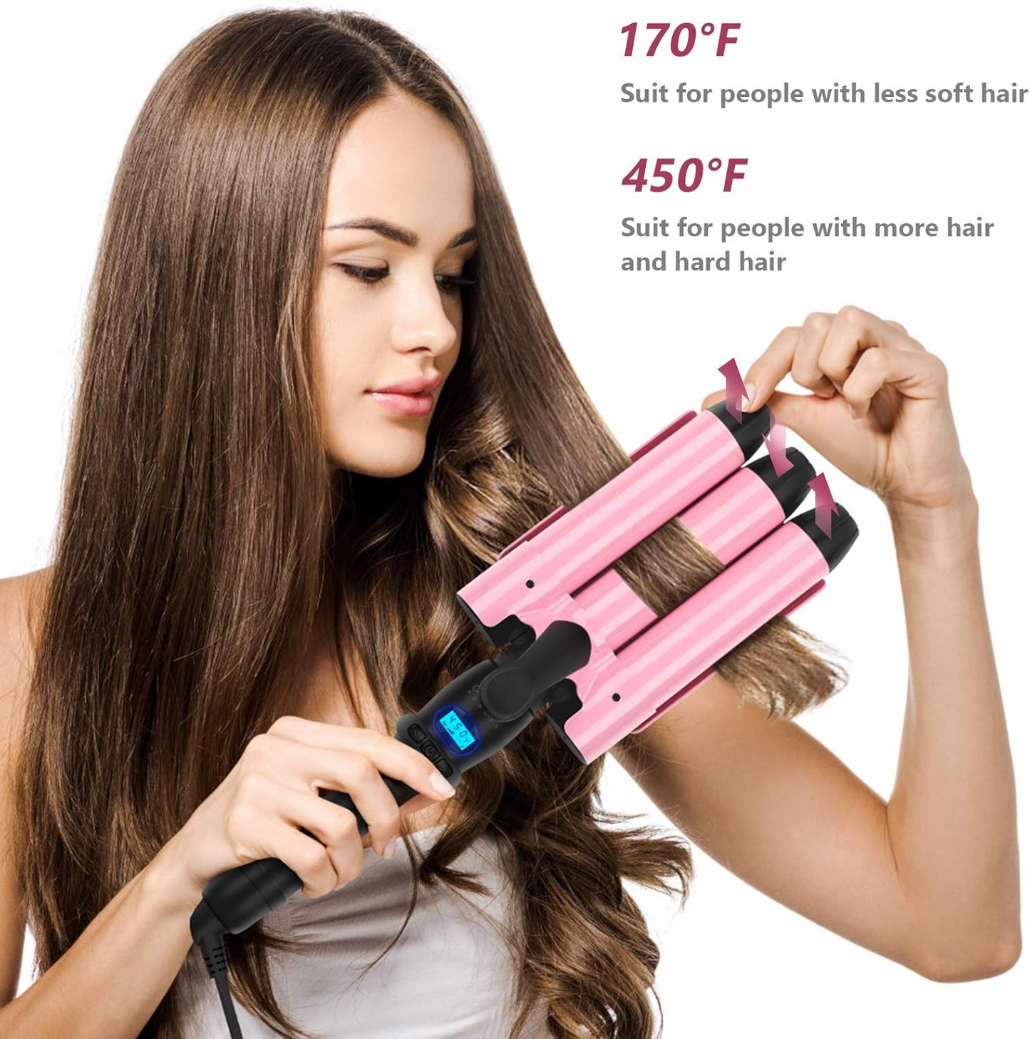 BNIB - 32mm (1.25") Triple Ceramic Curling Iron, 3 Barrel Wand with Adjustable Temperature, (Pink