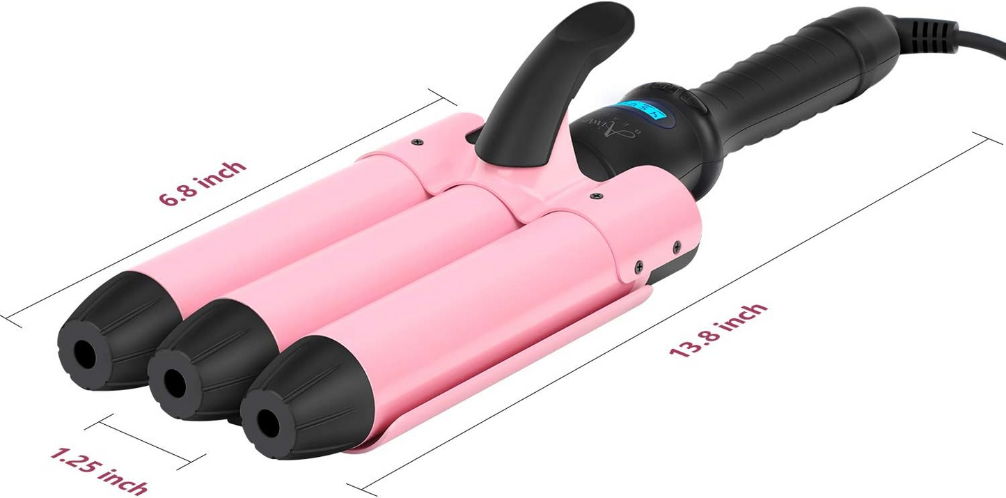 BNIB - 32mm (1.25") Triple Ceramic Curling Iron, 3 Barrel Wand with Adjustable Temperature, (Pink
