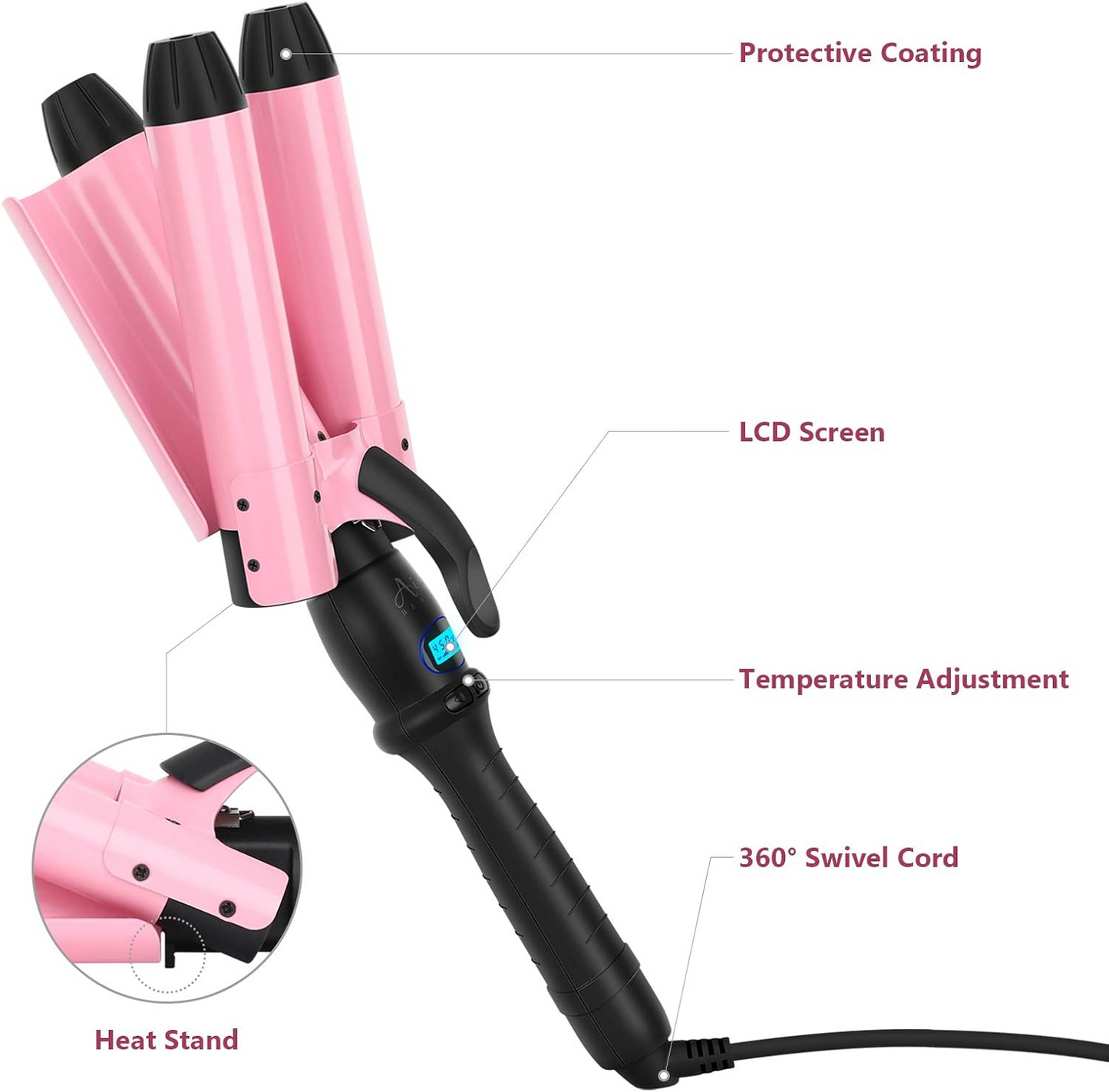 BNIB - 32mm (1.25") Triple Ceramic Curling Iron, 3 Barrel Wand with Adjustable Temperature, (Pink