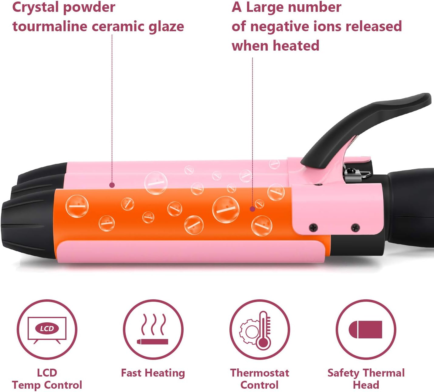 BNIB - 32mm (1.25") Triple Ceramic Curling Iron, 3 Barrel Wand with Adjustable Temperature, (Pink