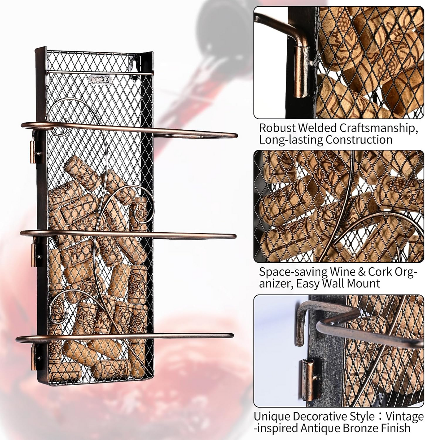 BNIB-Wall Mounted Wine Rack w/Wine Cork Holder,Home Bar Decorations,Wine Lover Gift