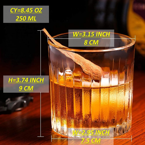 Tumblers for Drinking Bourbon, Large 8oz Lead-Free Crystal Old Fashioned Glass (250ml / Set of 4)