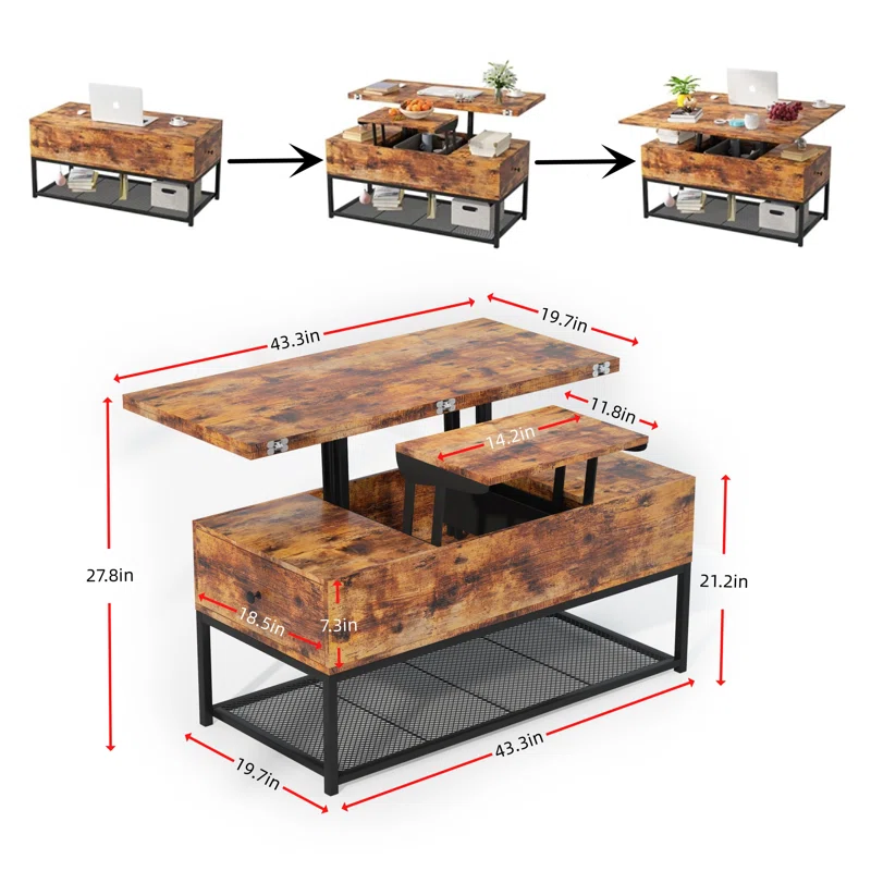 BNIB-3 in 1 Lift Top Coffee Table w/2 Drawers,Easy to Convert to Computer Desk & Dining Table-Brown