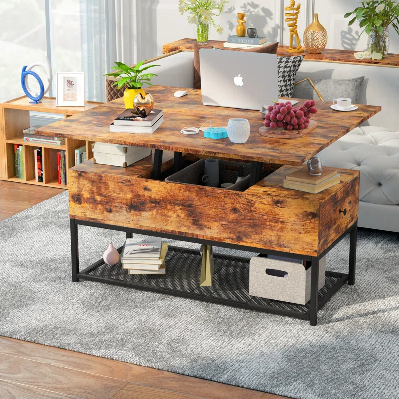 BNIB-3 in 1 Lift Top Coffee Table w/2 Drawers,Easy to Convert to Computer Desk & Dining Table-Brown