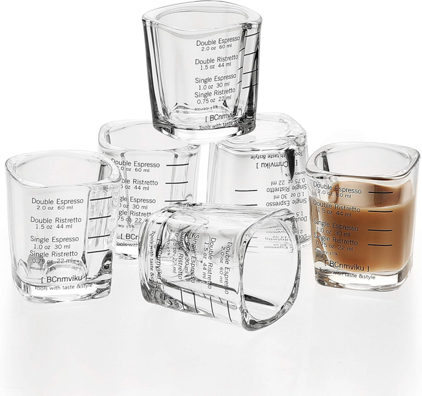 BNIB- Espresso cup,2.2 oz /60 ml, sturdy glass dishwasher free,(Black scale),$5/ set (6pcs)