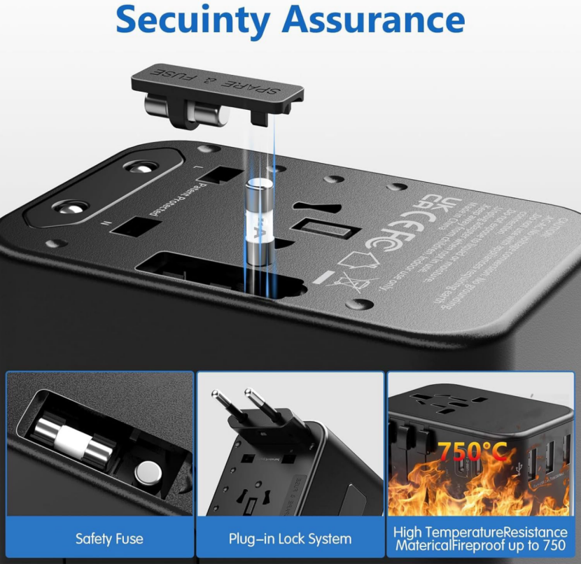 BNIB-1380W Universal Plug Adapter Wall Charger with 3USB-A & 1USB-C European Power Outlet