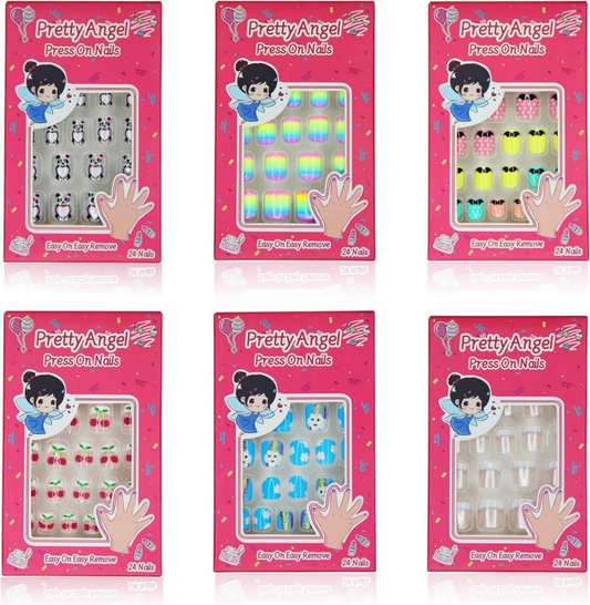 Press Pre-glue Children's fake nails , reusable, easy to attach and remove, (6pks /144pcs)