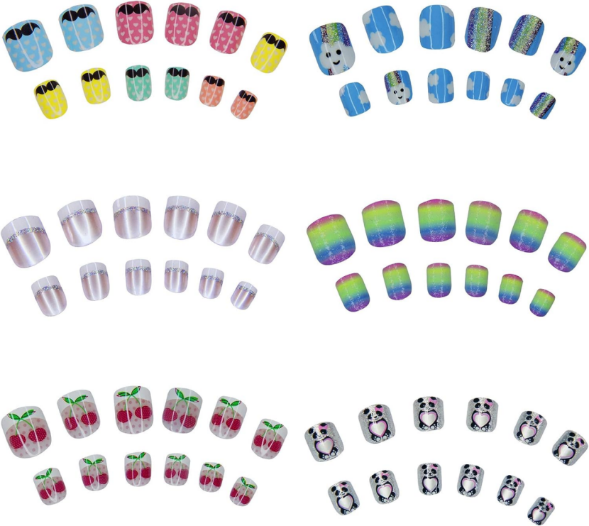 Press Pre-glue Children's fake nails , reusable, easy to attach and remove, (6pks /144pcs)
