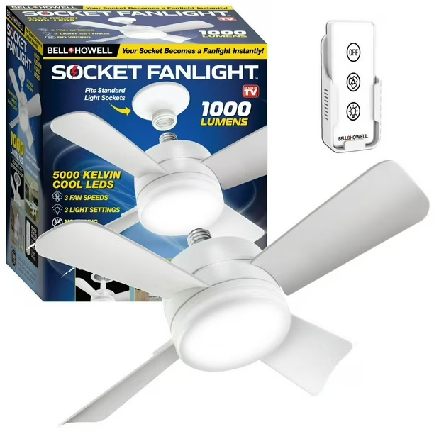 BNIB-Bell and Howell Socket Fan Ceiling Fan with Light 15 inches Fan 1000 Lumens Speed Light