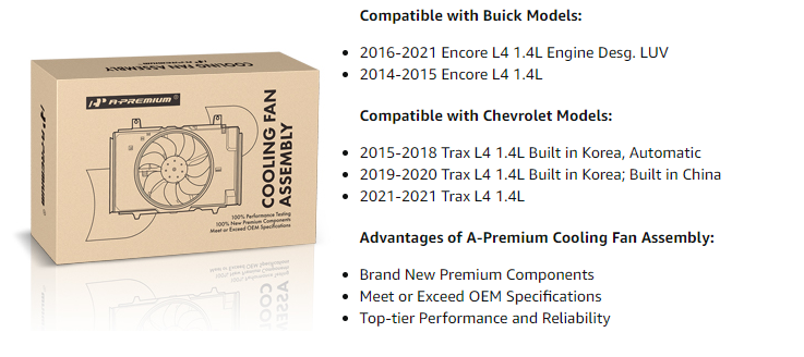 BNIB-A-Premium Engine Radiator Cooling Fan Compatible Chevrolet Trax 2015-2021 & Buick Encore 2014-2021