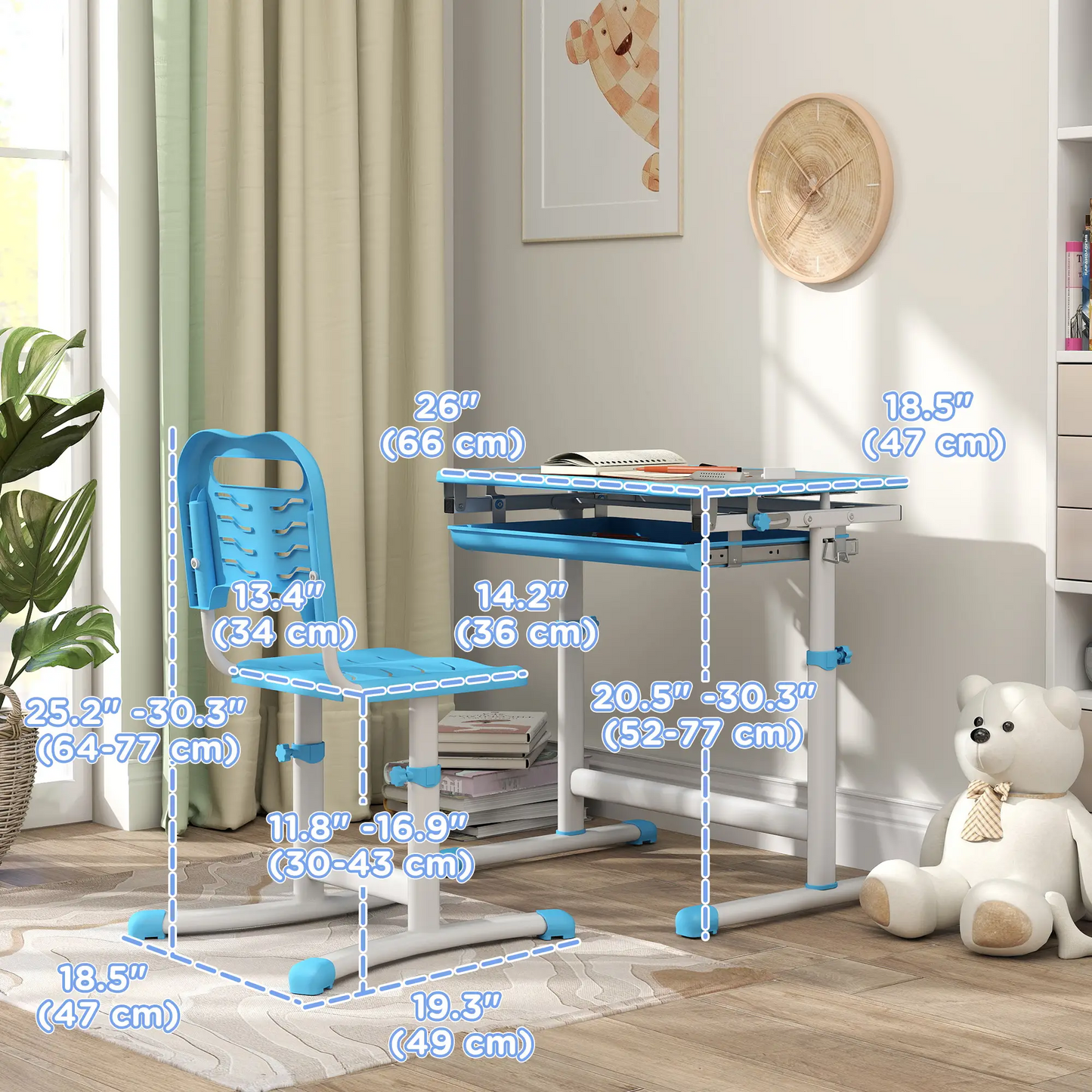 BNIB-Qaba Height Adjustable Study Table and Chair Set with Drawer, Pen Slot, Tiltable Desktop, Hook,