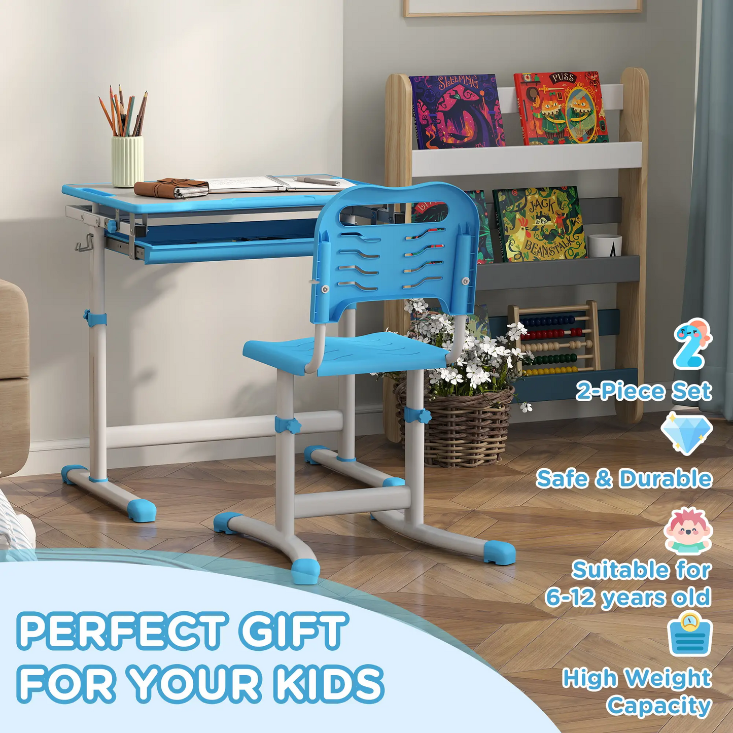 BNIB-Qaba Height Adjustable Study Table and Chair Set with Drawer, Pen Slot, Tiltable Desktop, Hook,
