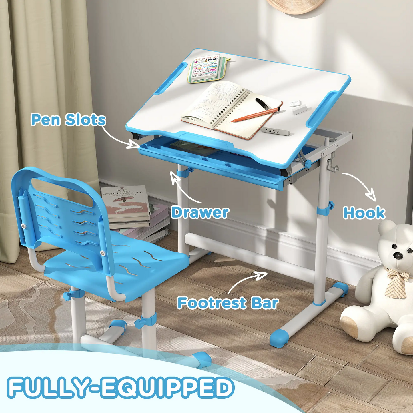 BNIB-Qaba Height Adjustable Study Table and Chair Set with Drawer, Pen Slot, Tiltable Desktop, Hook,