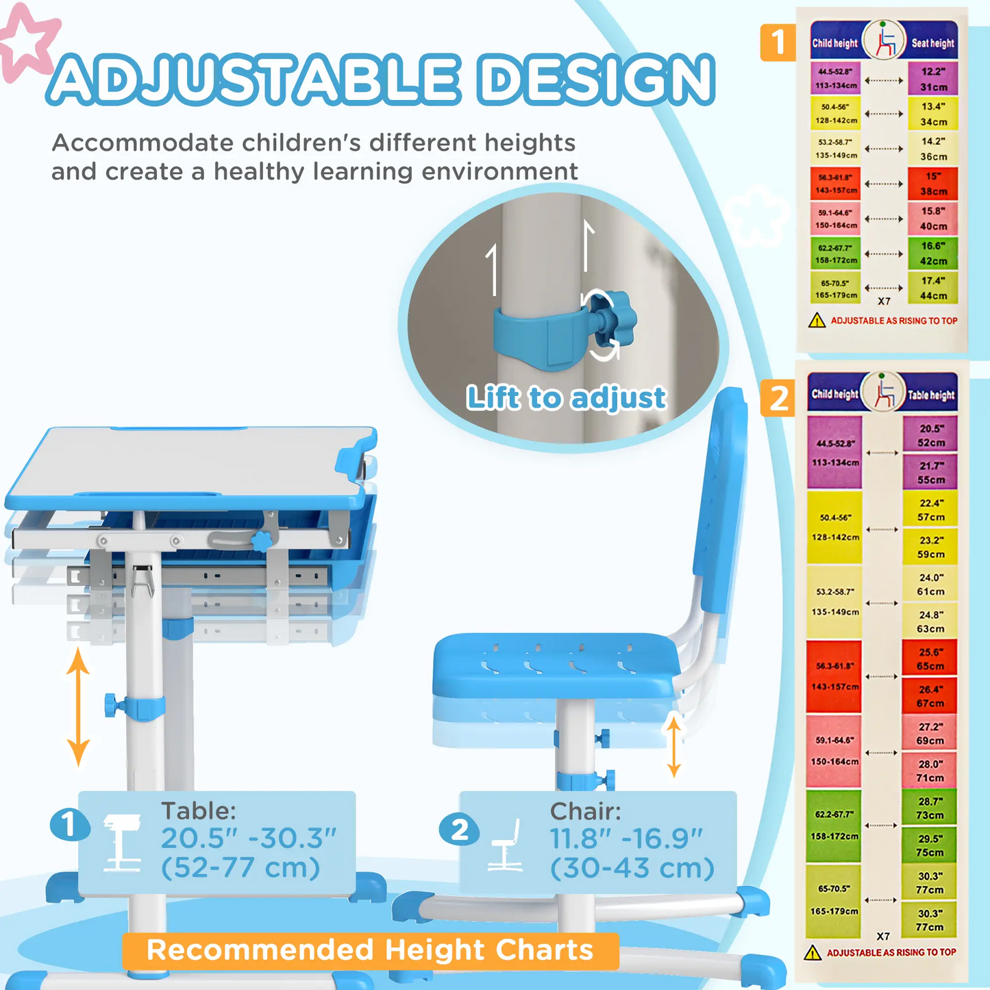 BNIB-Qaba Height Adjustable Study Table and Chair Set with Drawer, Pen Slot, Tiltable Desktop, Hook,