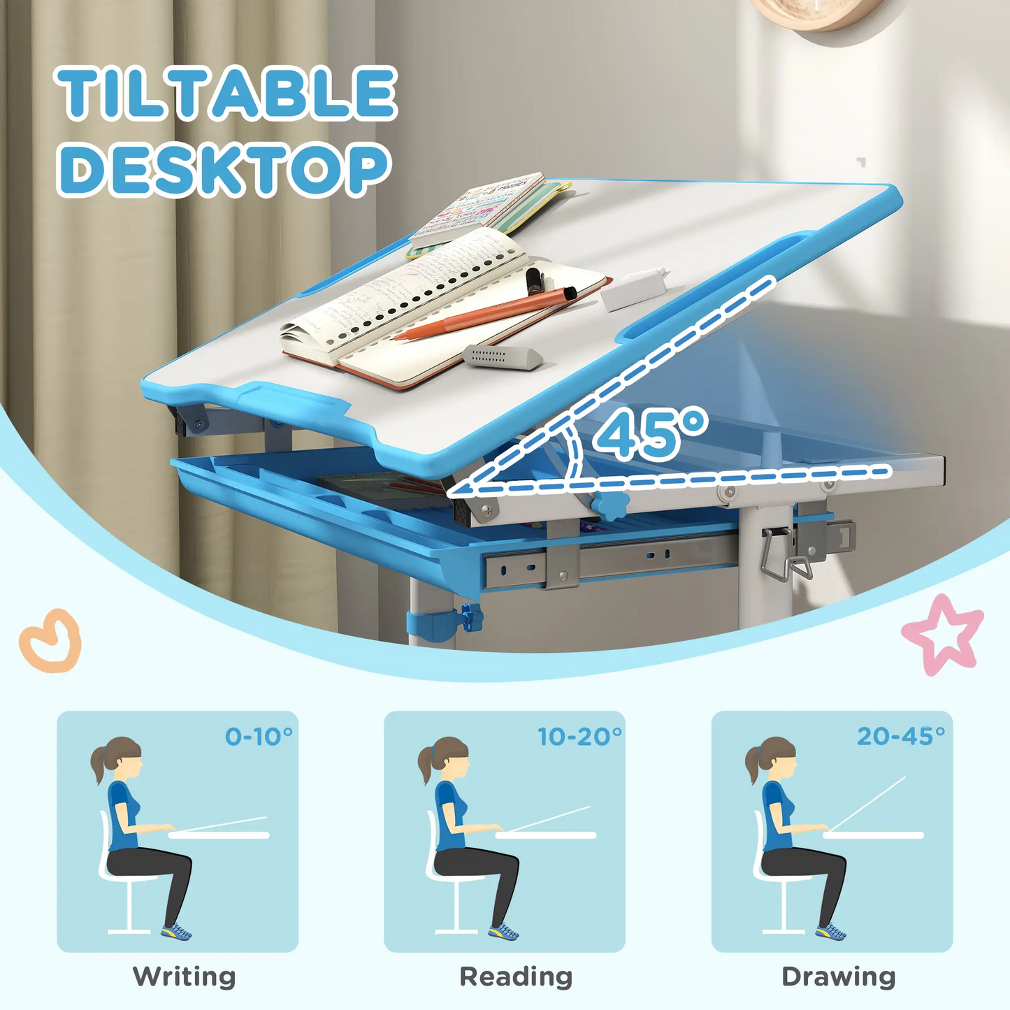 BNIB-Qaba Height Adjustable Study Table and Chair Set with Drawer, Pen Slot, Tiltable Desktop, Hook,