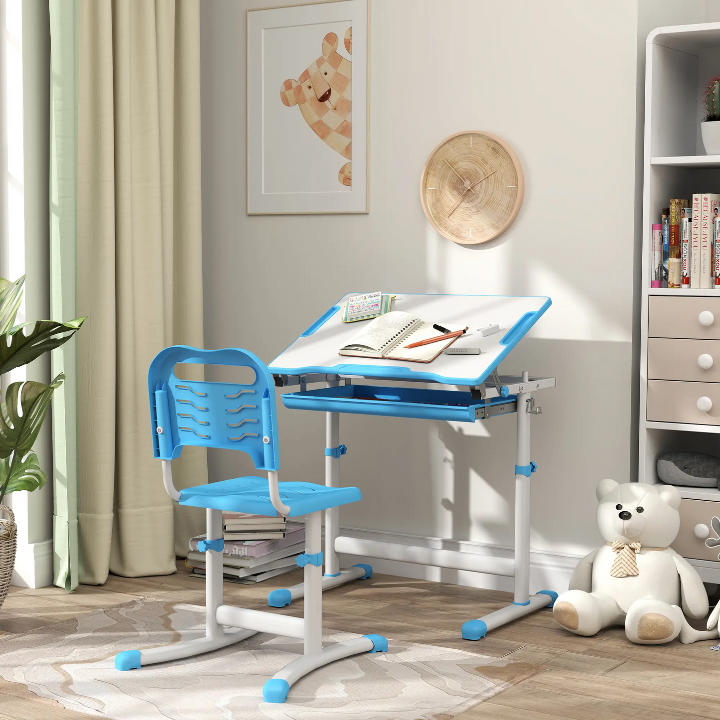 BNIB-Qaba Height Adjustable Study Table and Chair Set with Drawer, Pen Slot, Tiltable Desktop, Hook,